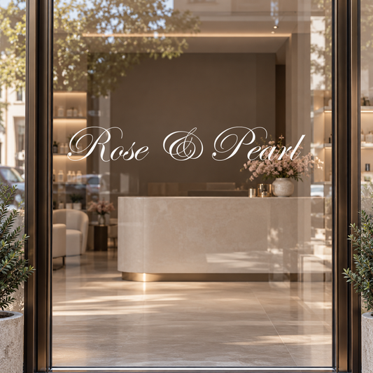 Rose and Pearl business name in elegant cursive lettering on glass
