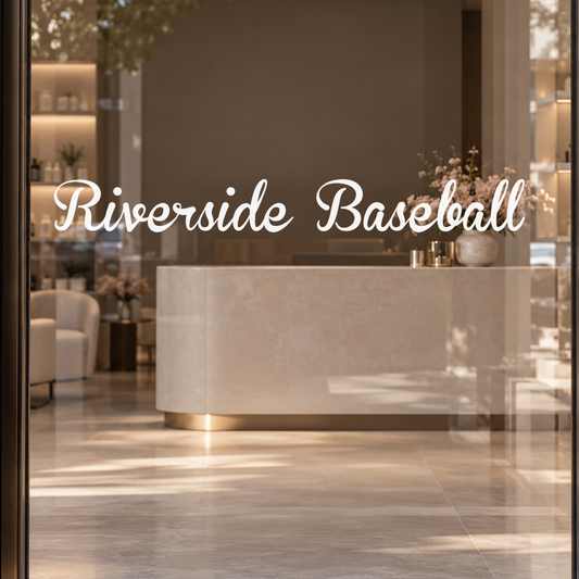 Riverside Baseball custom lettering on glass