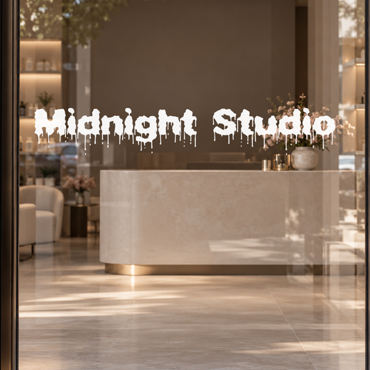 Midnight Studio custom lettering on glass