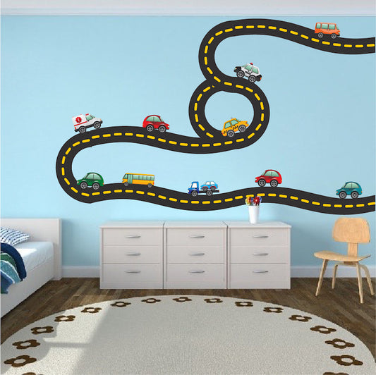 Cars and Race Track Wall Decal Kid's Bedroom Racetrack Wall Decor Removable Car Stickers, b41