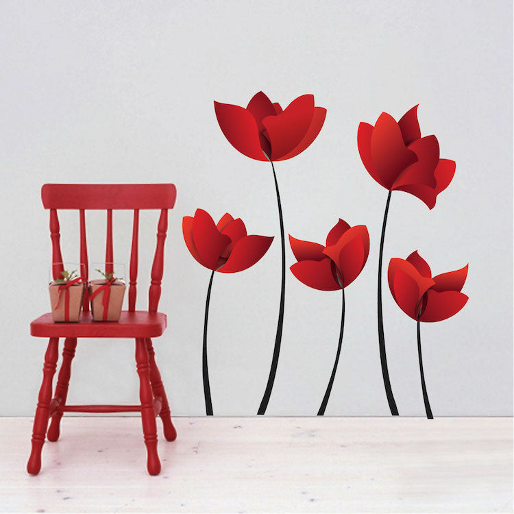 Red Flower Wall Decal Mural Removable Flowers Wall Decor Large Lily Bedroom Art Mural, a24