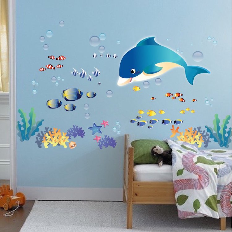 Ocean Wall Decals Fish Stickers for Office Walls Removable Dolphin Wall and Window Decals, n07