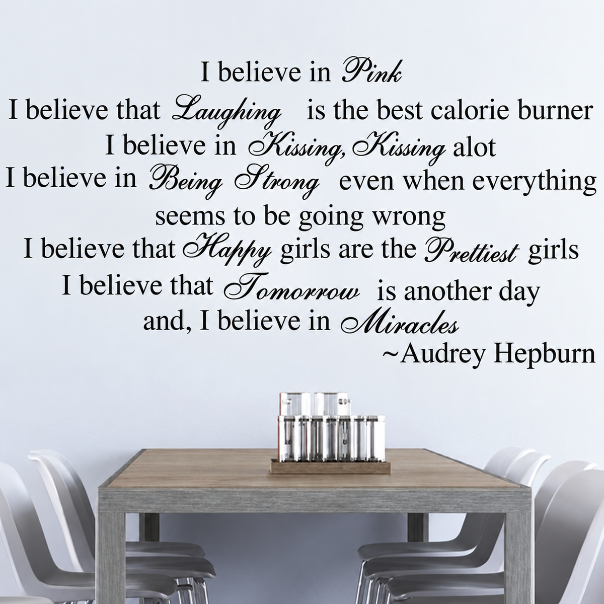 Single-color inspirational quote wall decal above dining table