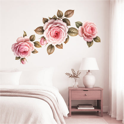 Rose Flower Wall Decal Kit – Peel & Stick Floral Wall Stickers with Green Leaves