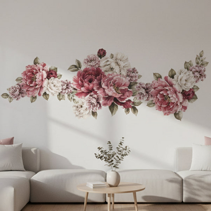 Vintage Peony Wall Decal Kit – Blush, Burgundy & White Peel & Stick Floral Wall Stickers