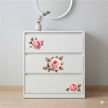 Rose Flower Wall Decal Kit – Peel & Stick Floral Wall Stickers with Green Leaves