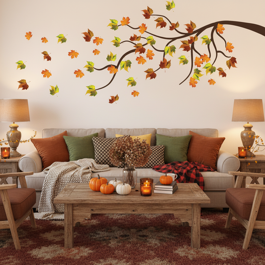 Autumn Branch Wall Decal with Falling Leaves