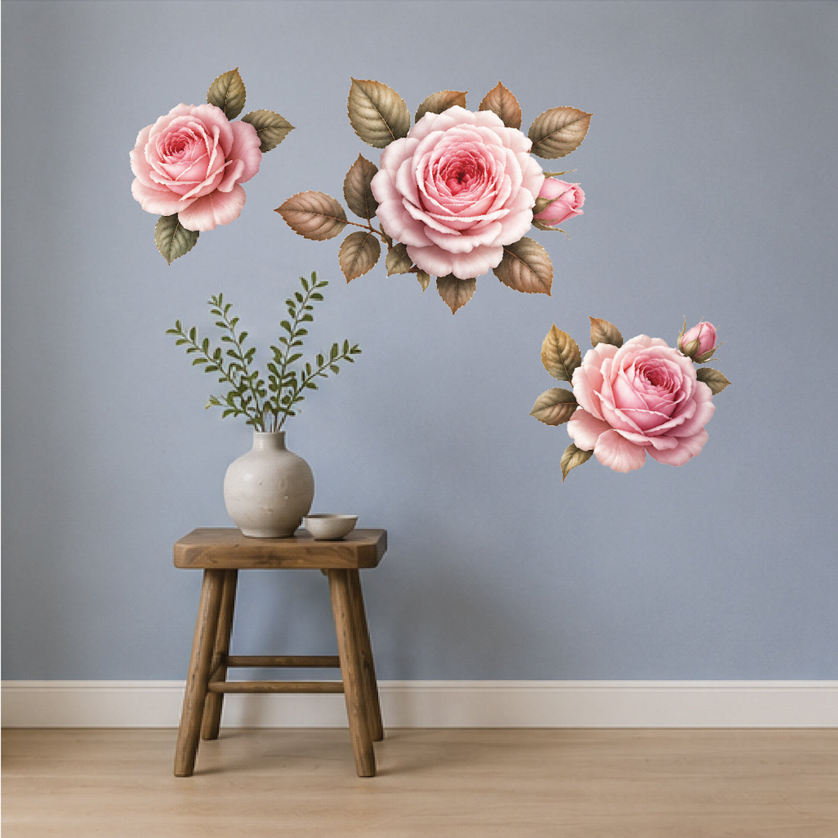 Rose Flower Wall Decal Kit – Peel & Stick Floral Wall Stickers with Green Leaves