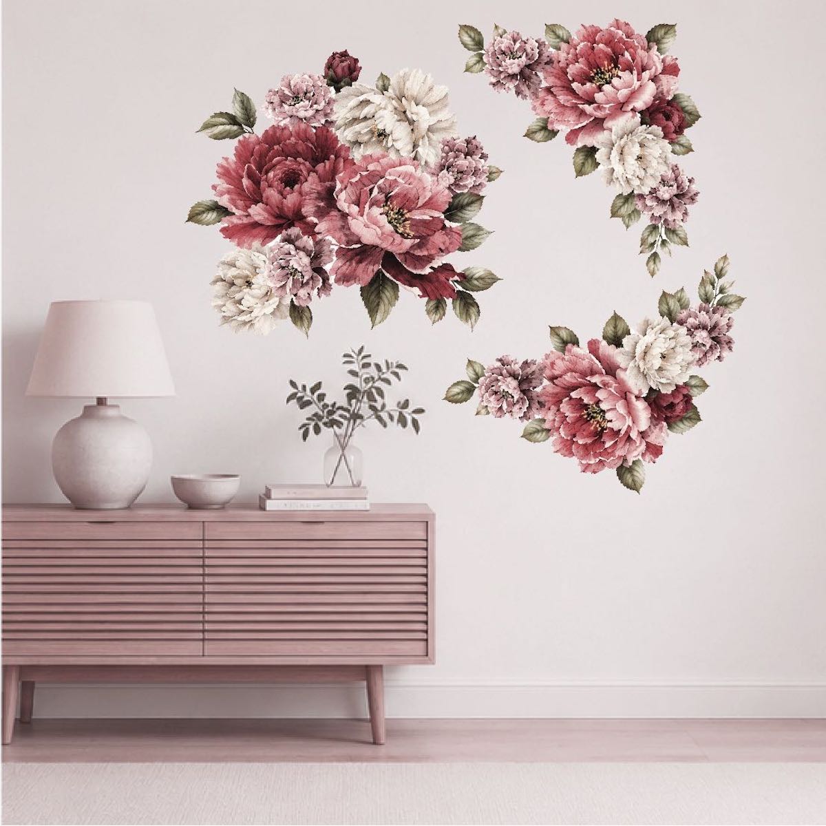 Vintage Peony Wall Decal Kit – Blush, Burgundy & White Peel & Stick Floral Wall Stickers