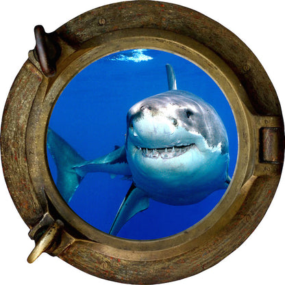 3D Shark Porthole Wall Decal – Ocean Shark Vinyl Sticker for Walls, Doors, Vans & RVs