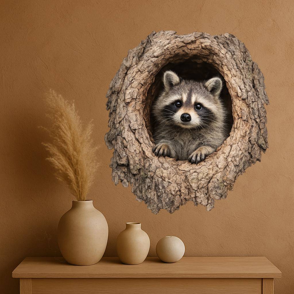 3D Realistic Raccoon Decal – Removable Vinyl Animal Sticker for Walls, Windows & Smooth Surfaces