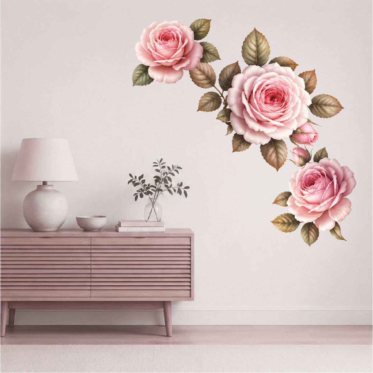 Rose Flower Wall Decal Kit – Peel & Stick Floral Wall Stickers with Green Leaves