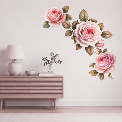 Rose Flower Wall Decal Kit – Peel & Stick Floral Wall Stickers with Green Leaves