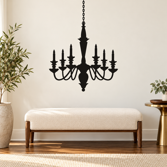 Black antique chandelier wall decal above a cream bench