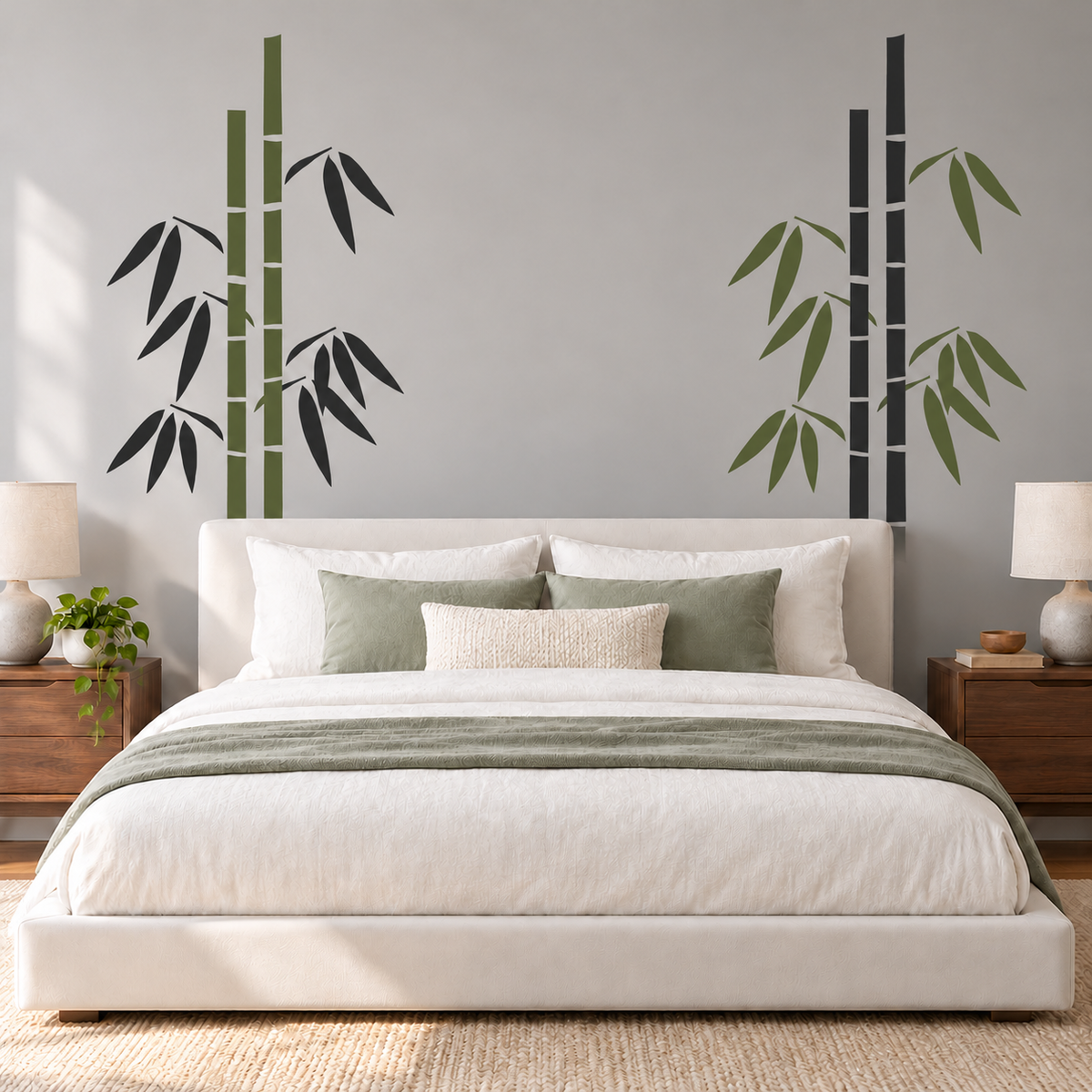 Bamboo pair wall decal with charcoal and olive sticks and leaves mixed