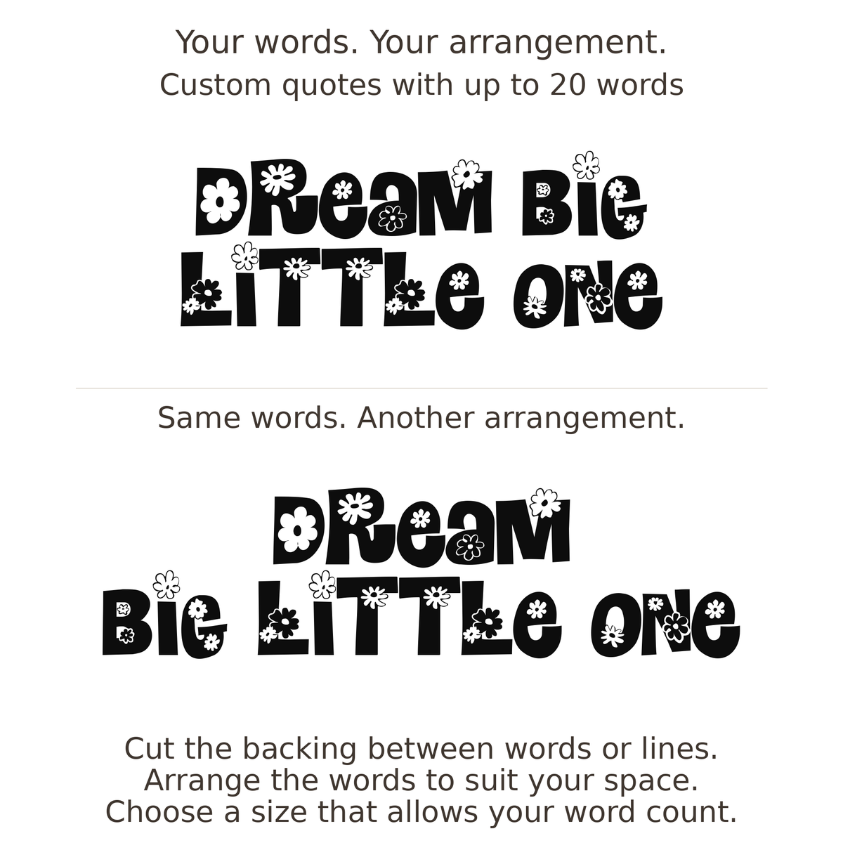 Large readable custom quote guide showing two arrangements with the same letter size