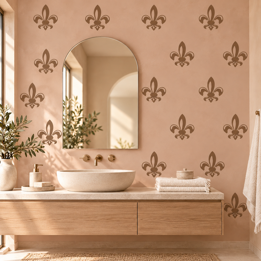 Warm taupe classic adornment wall decals in a blush neutral bathroom