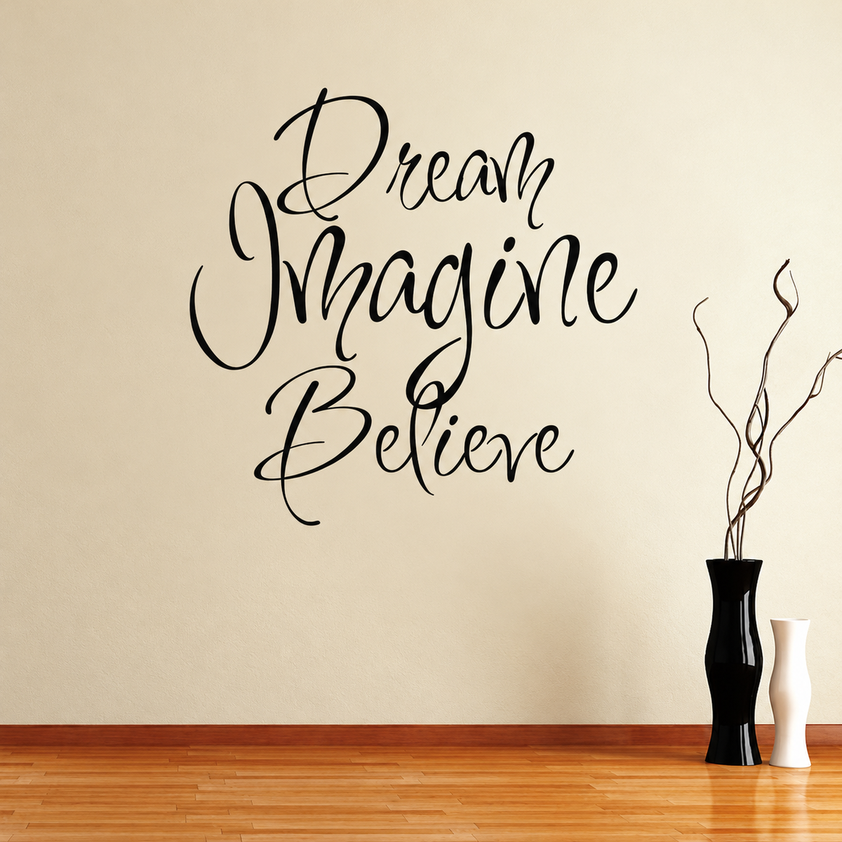 dream imagine believe square wall quote decal displayed on a wall