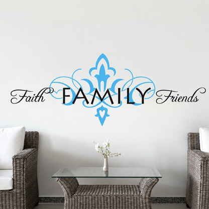 Faith Family Friends wall decal with blue fleur-de-lis above wicker furniture