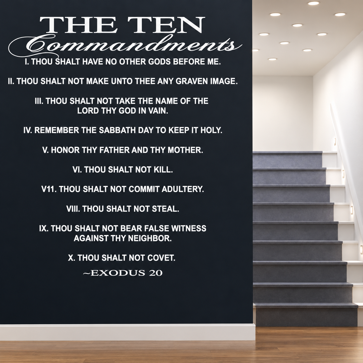 Ten Commandments wall quote decal beside staircase