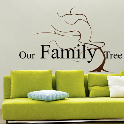 Our Family Tree wall decal above green sofa