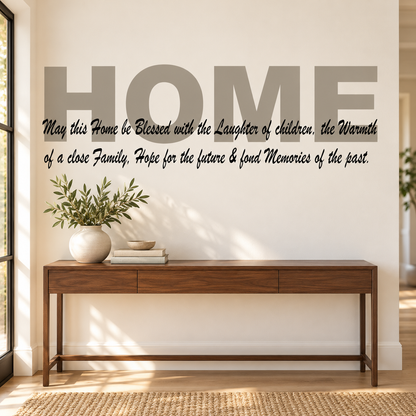 HOME family blessing wall decal in warm entryway above walnut console