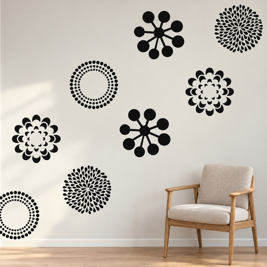Eight black decorative pattern wall decals with a neutral upholstered oak chair
