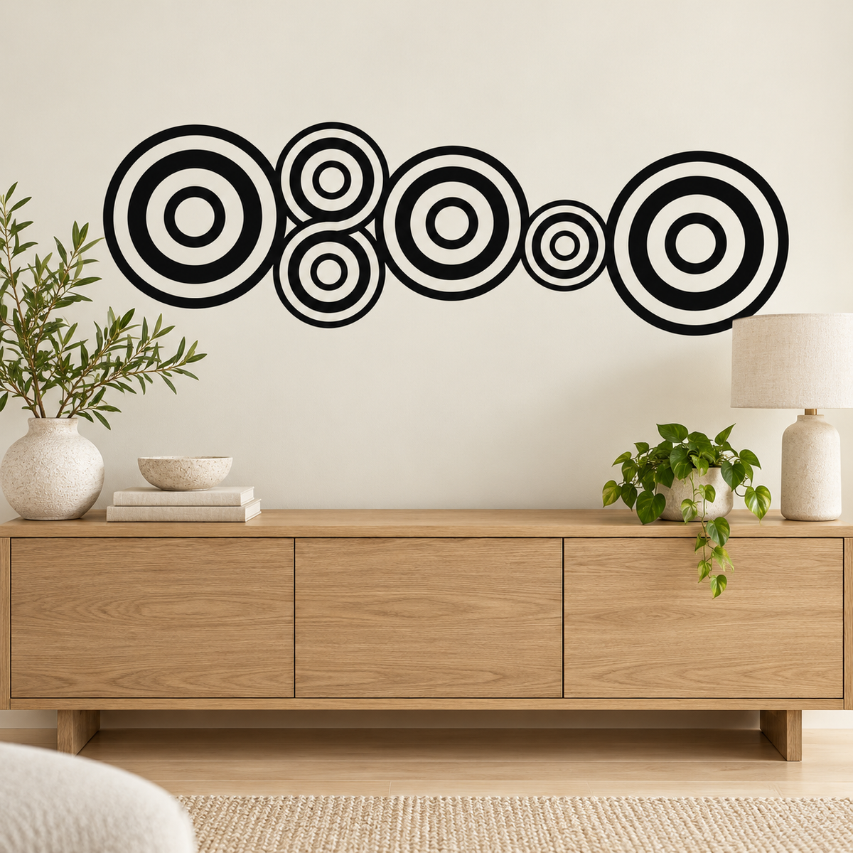 Black concentric circle wall decal arranged horizontally above an oak console