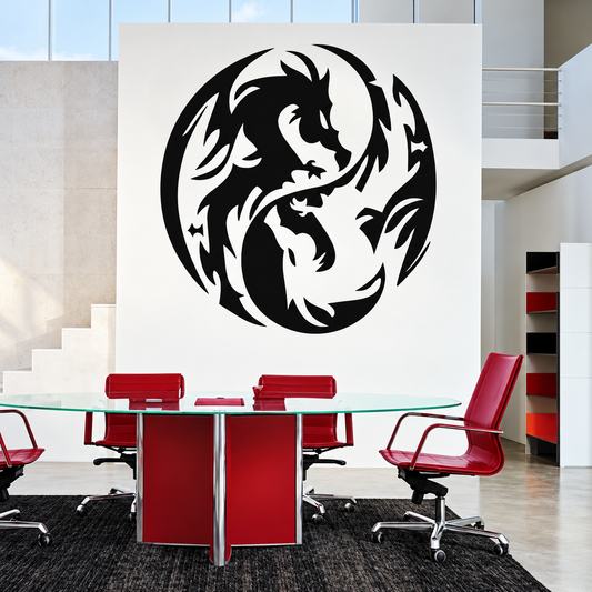 Large circular dragon decal above a glass conference table, enhanced original room setting