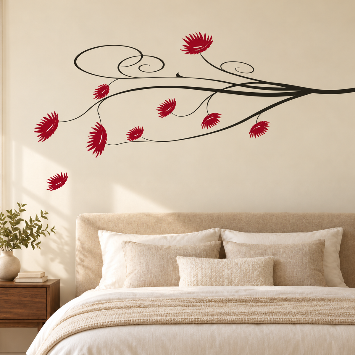 Floral branch wall decal with burgundy accents in a bedroom