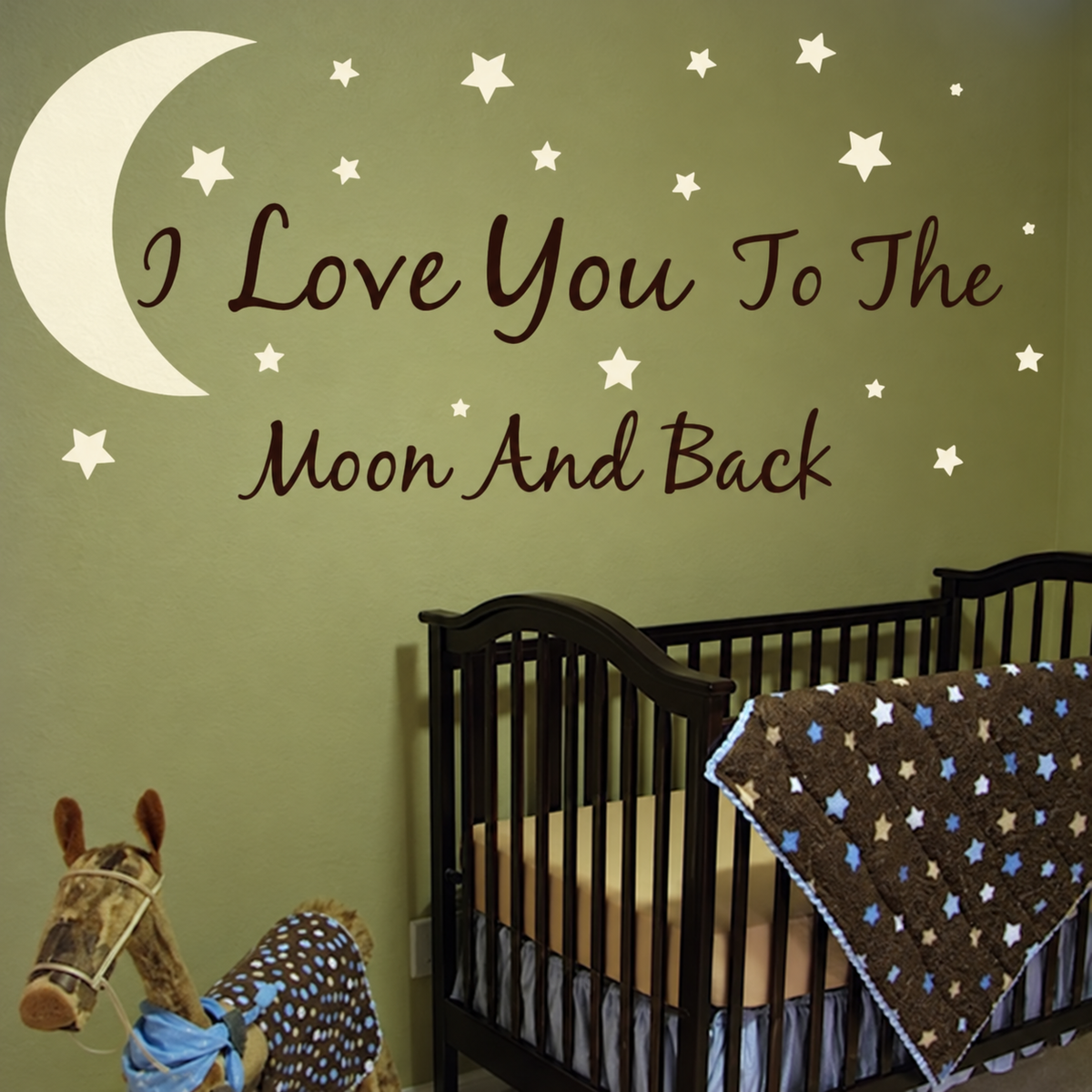i love you to the moon and back with moon and stars wall quote decal displayed on a wall