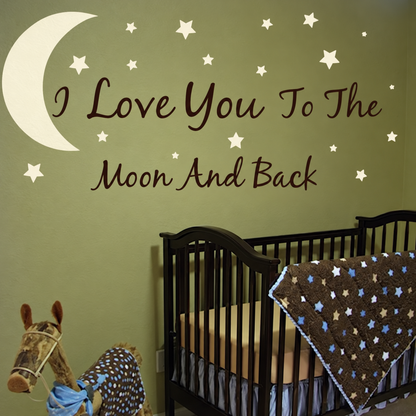 i love you to the moon and back with moon and stars wall quote decal displayed on a wall