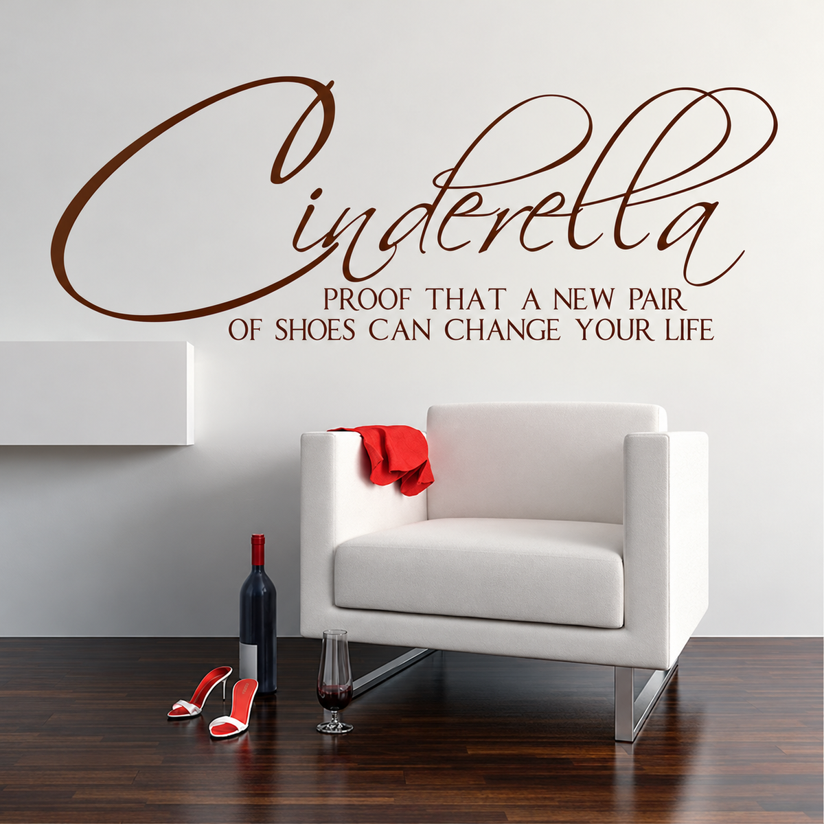 Shoe-inspired wall quote above a white chair