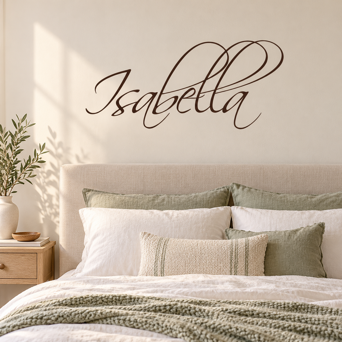 Personalized cursive name decal above a bed