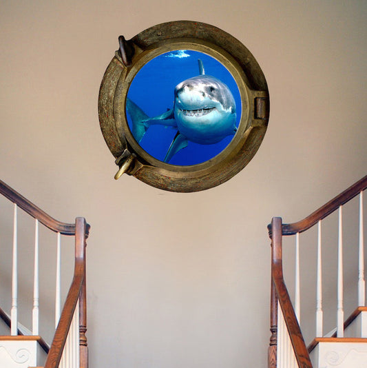 3D Shark Porthole Wall Decal – Ocean Shark Vinyl Sticker for Walls, Doors, Vans & RVs