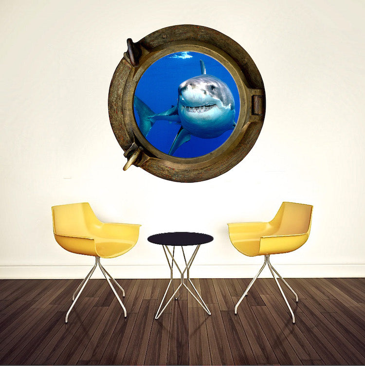 3D Shark Porthole Wall Decal – Ocean Shark Vinyl Sticker for Walls, Doors, Vans & RVs