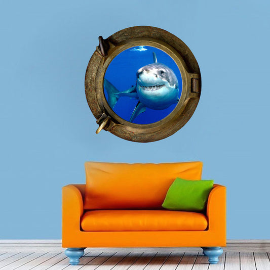 3D Shark Porthole Wall Decal – Ocean Shark Vinyl Sticker for Walls, Doors, Vans & RVs