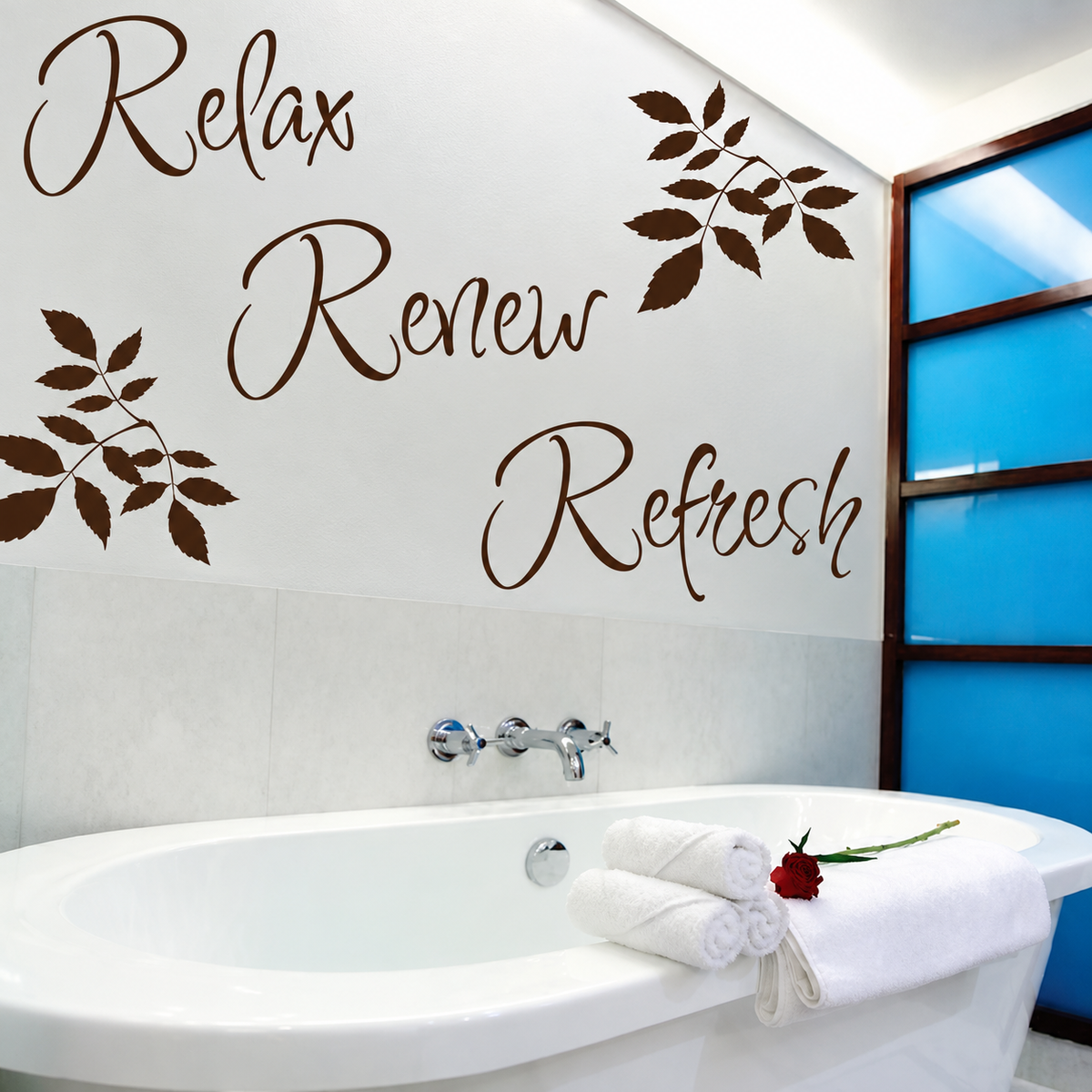 relax renew refresh wall quote decal displayed on a wall