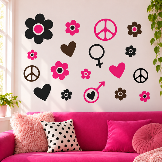 Retro flower, heart, peace, and gender symbol wall decal kit design 2