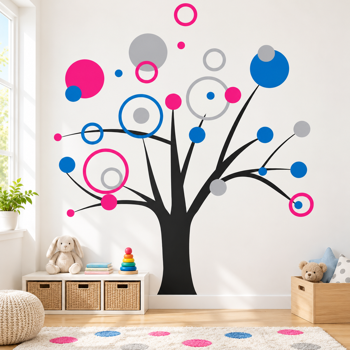 Colorful rings and dots tree wall decal in a children's room