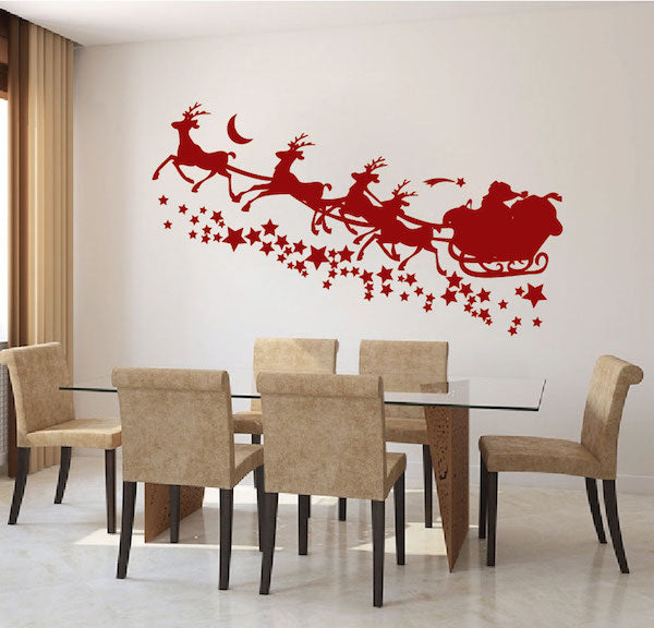 Santa Sleigh & Stars Christmas Wall Decal