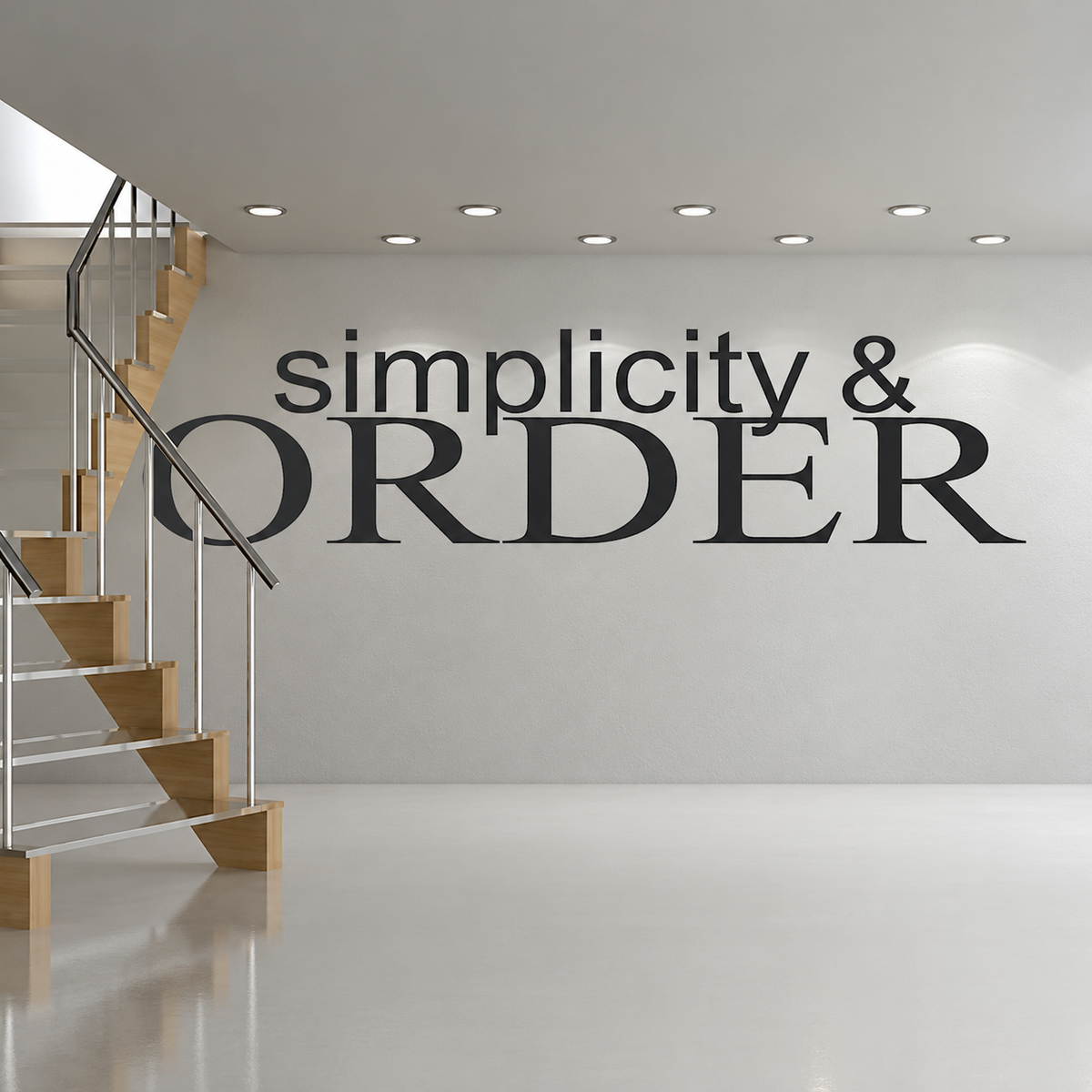 simplicity and order wall quote decal displayed on a wall