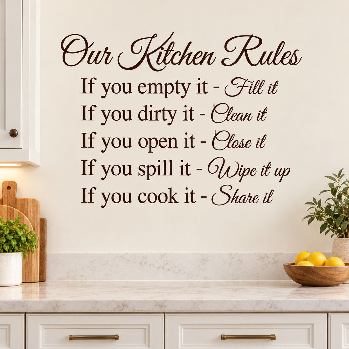 Our Kitchen Rules wall decal in a neutral kitchen