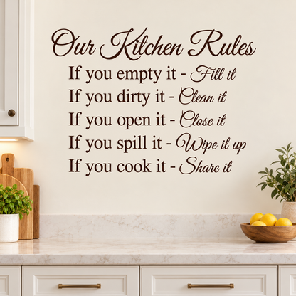 Our Kitchen Rules wall decal in a neutral kitchen