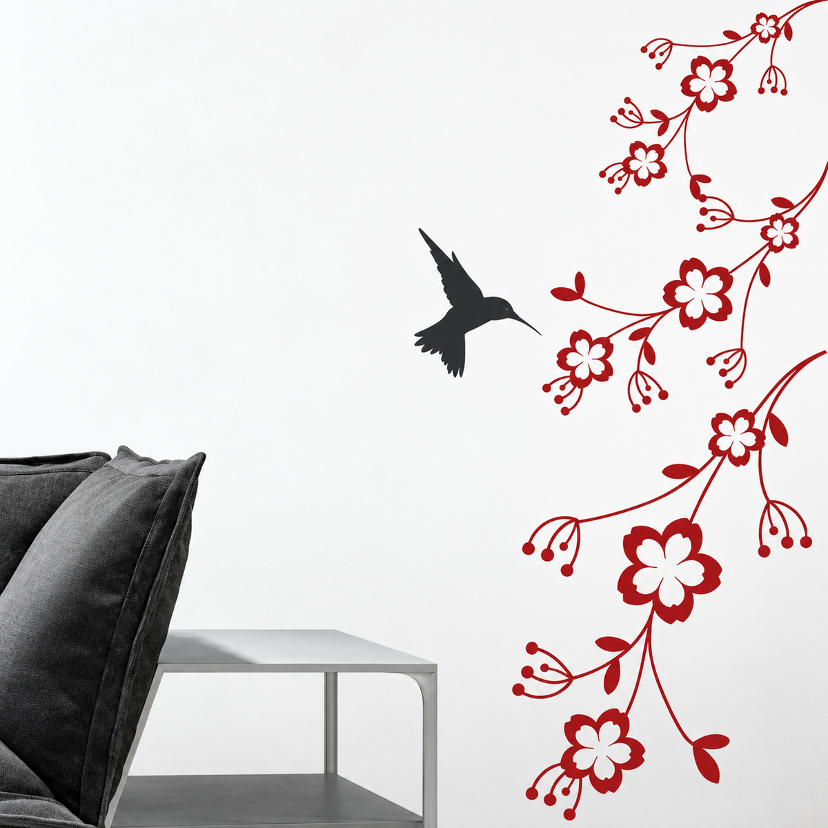Hummingbird and Flowers Wall Decal — enhanced original room photograph