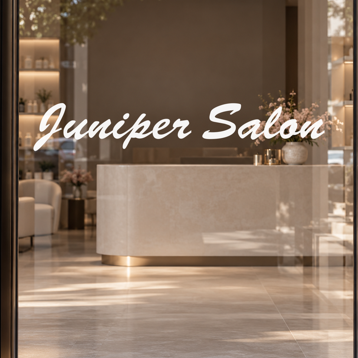 Juniper Salon custom lettering on glass