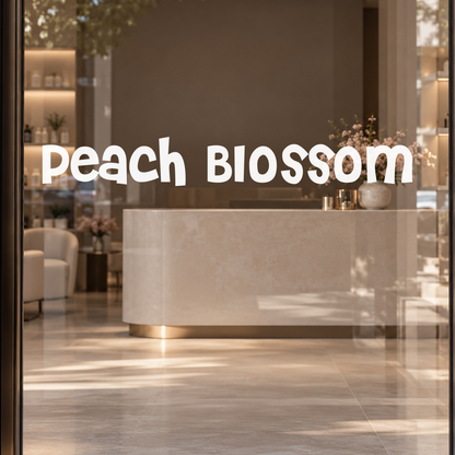 Peach Blossom custom lettering on glass