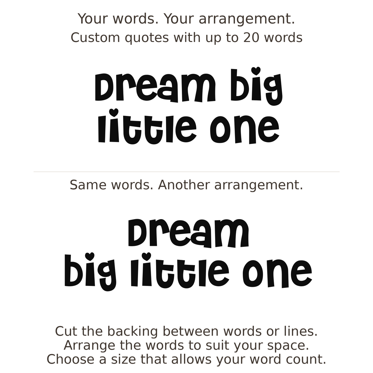 Large readable custom quote guide showing two arrangements with the same letter size