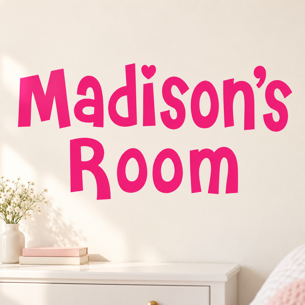 Madison’s Room custom name wall decal in hot pink Cheri lettering