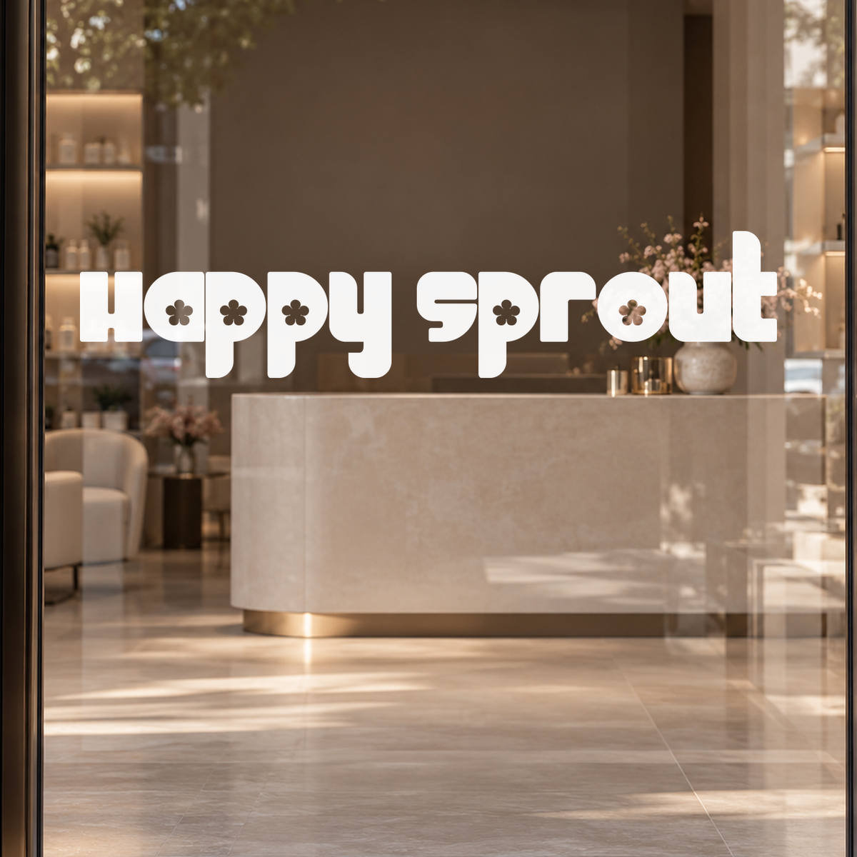 Happy Sprout custom lettering on glass